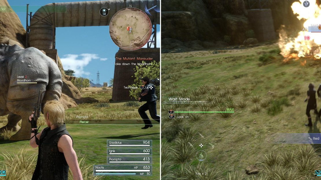As your Technique Gauge fills you’ll be able to expend gauge fragments to perform powerful techniques (left). Or, for a more direct approach, Bloodhorn is weak against fire magic (right).
