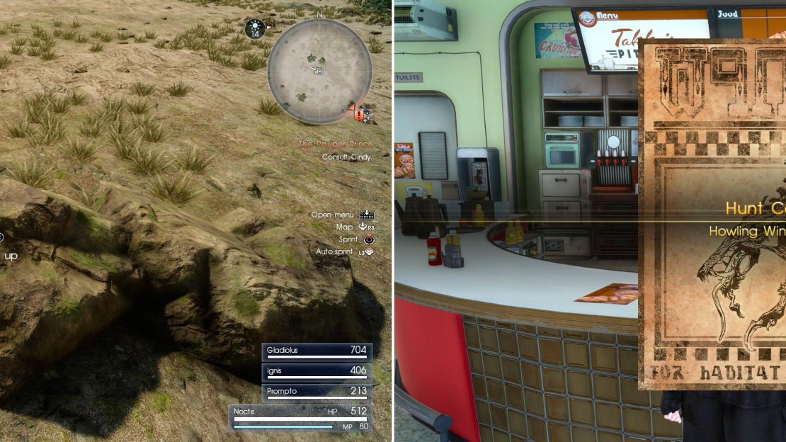 Marked Treasure Spots can be found throughout the world, providing static, respawning loot (left). When you’re done with the hunt return to Takka to claim your well-earned reward (right).
