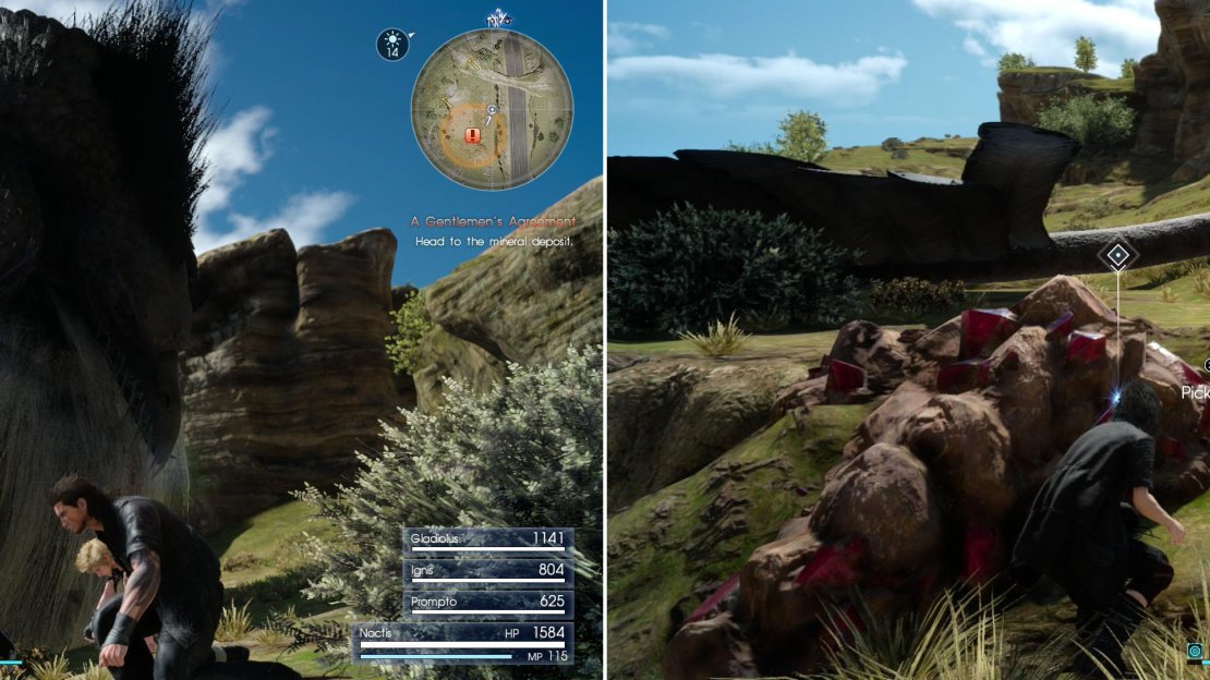 Sneak past the giant, sleeping bird with one pair too many wings (left) to reach the mineral deposit where you’ll find the stone Dino wants (right).