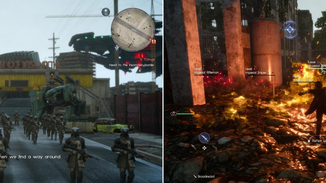 Faced with overwhelming odds, Ignis wisely decides to find a different way to get a view of Insomnia (left). Fight your way through the imperial forces to witness the fate of your home town (right).