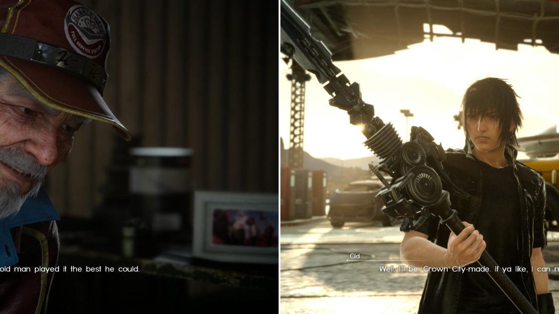 Cid will help you come to grips with with happened (left) after which you can pique his interest by showing him some of your new weapons (right).