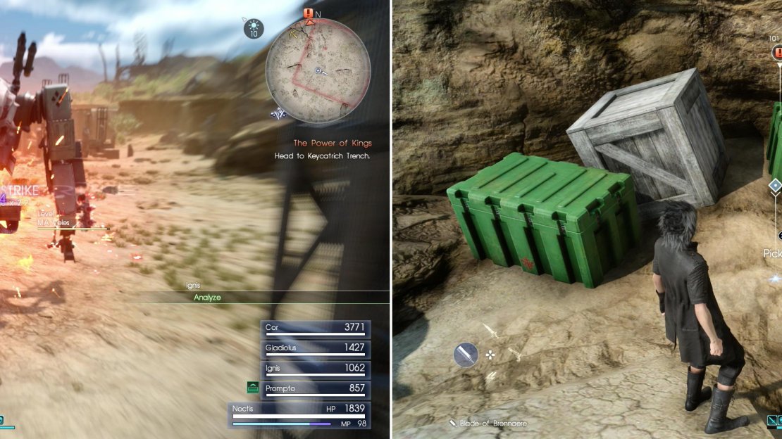 If you want to tackle bigger game, you can go after the empire’s Magitek Armor (left). Be sure to search outside the mine entrance to score the Bioblaster (right).