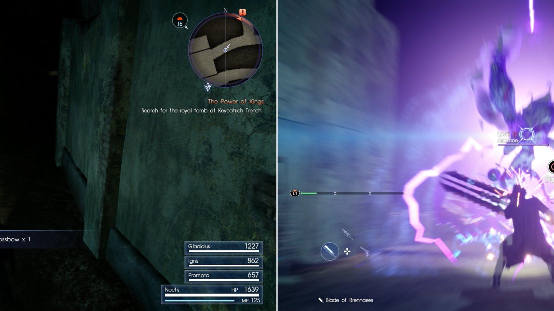 While exploring the mine, be sure to pick up the Auto Crossbow (left). The Arachne - a giant spider dwelling in the depths of the mine - is fond of lightning magic (right).