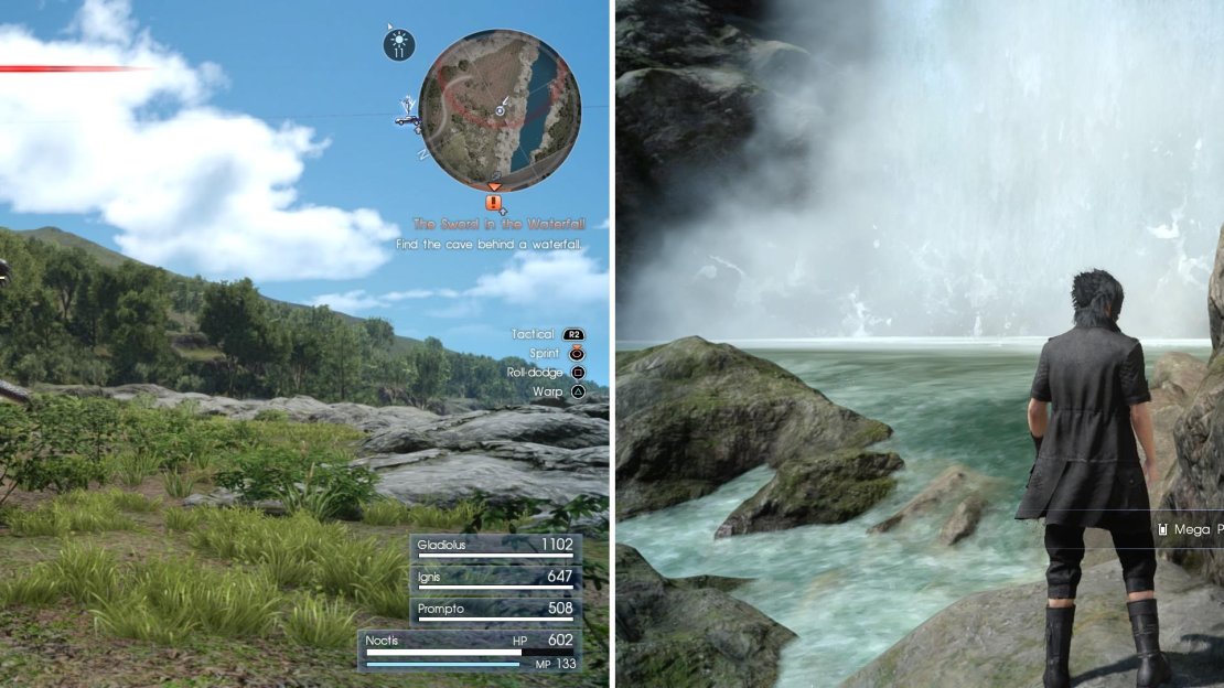 As you stroll towards the waterfall, you’ll come across this Midgar Zolom lookalike (left). Leave quickly! Snag the Mega Phoenix (right) just before you enter the cave.