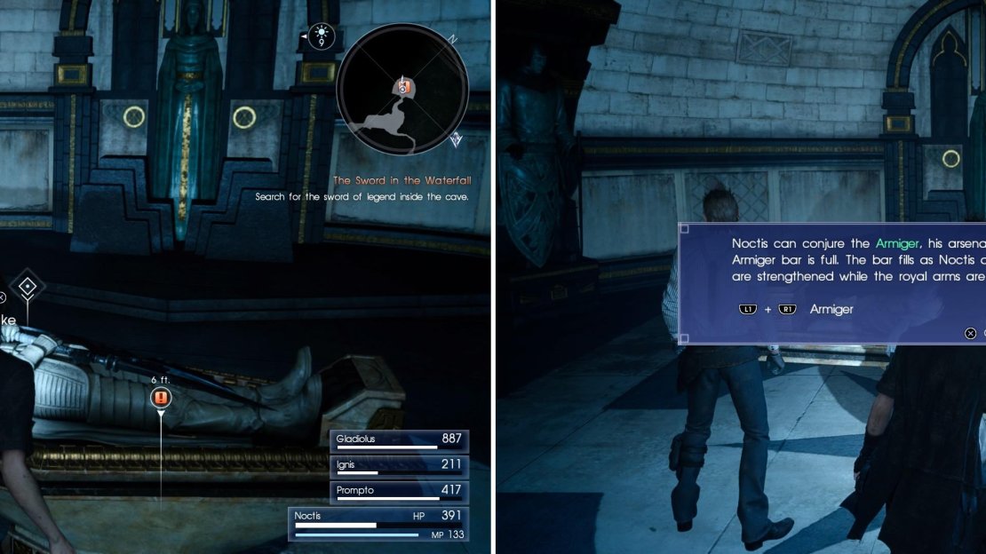 Grab the Swords of the Wanderer (left) after which you will then get access to the Armiger (right), a massive, if temporary boost to Noctis’s power.
