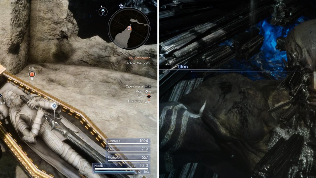 Approach the tomb and collect the Blade of the Mystic (left) after which you’ll get a nice friendly hello from The Archaean himself (right).