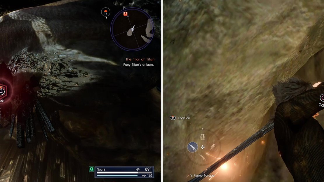 Hold the block button (left) to block Titan’s powerful attacks then press Parry (right) to counterattack.