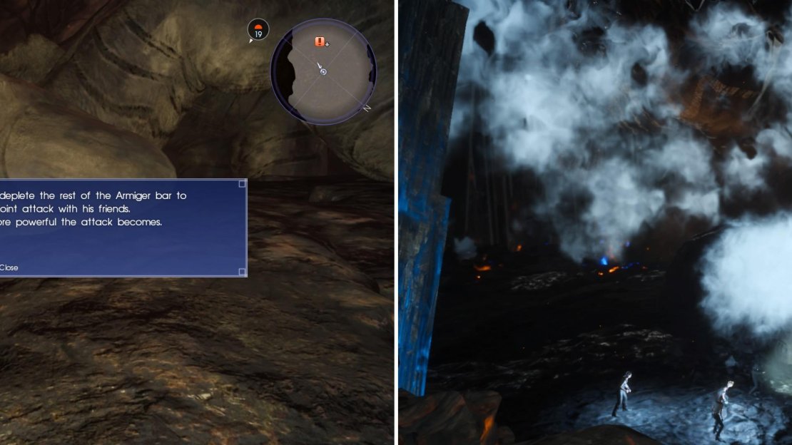 Use the Armiger Chain (left) to inflict massive damage with your friends and implement their strategy (right).