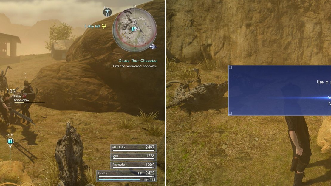 Examine the wounded Chocobo and you’ll be ambushed by some leveled Sabertusks (left). Kill them and squander a Potion on the bird to get it back on its feet (right).