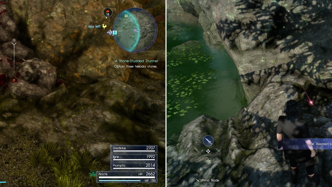 You’ll find the mineral deposits that contain Dino’s stones near the Swainsmere Fishing Spot (left). You can also grab some Assassin’s Daggers while you’re here - a free upgrade for Noctis and Ignis (right).