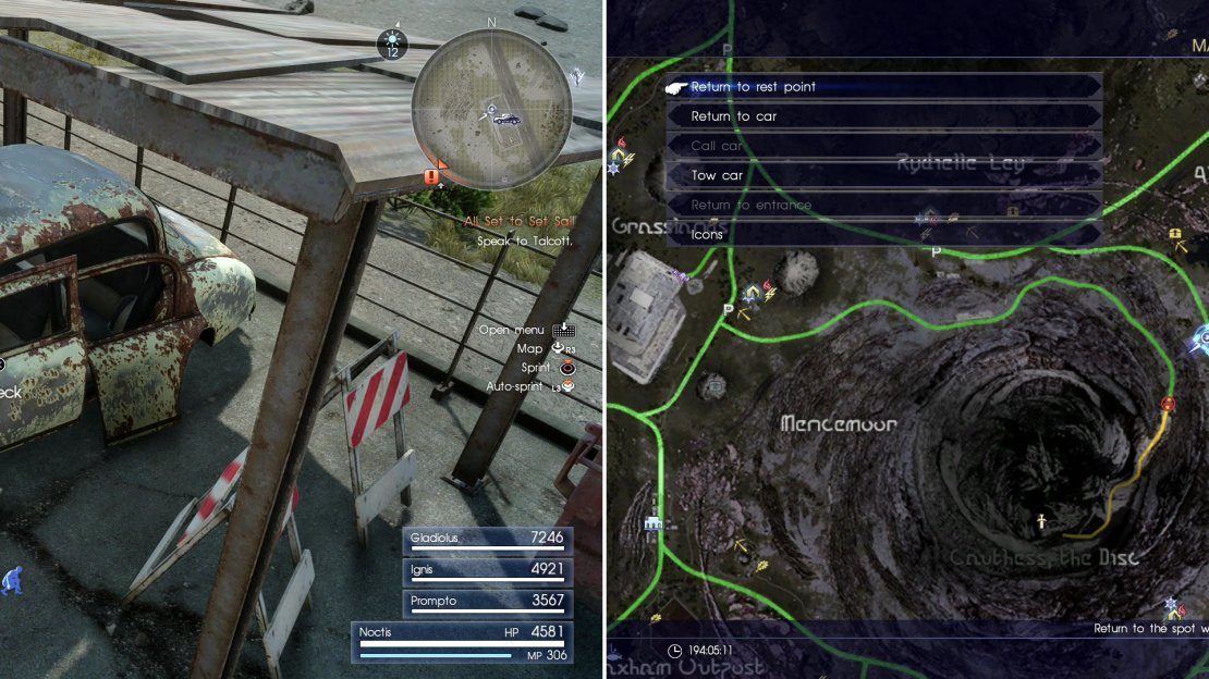 You’ll find Mystery Map VI near a broke-down car (left) at the Roadside Scrapyard Parking Spot (right).