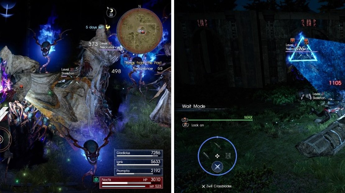 Be wary that the Necromancers can grab you (left). Their beam attack can petrify your characters (right).