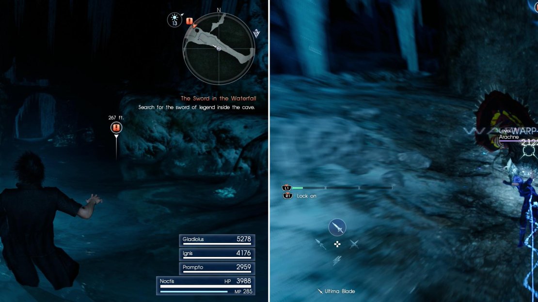 Icy chutes will provide dangerous paths deeper into the dungeon (left), at the bottom of which you’ll encounter an Arachne (right), now a common foe.