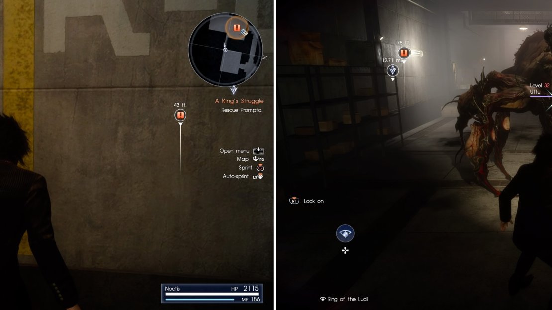 Squeeze through here (left) to try and reach Prompto. This path isn’t very obvious. You will be accosted by an Uttu (right) which is just like an Arachne.