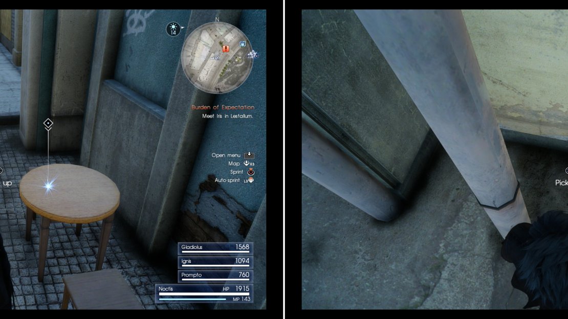 Search a table near the blue building with the “Newfields” sign to find a Glass Gemstone (left), then explore down an alley to score a Magic Flask (right).