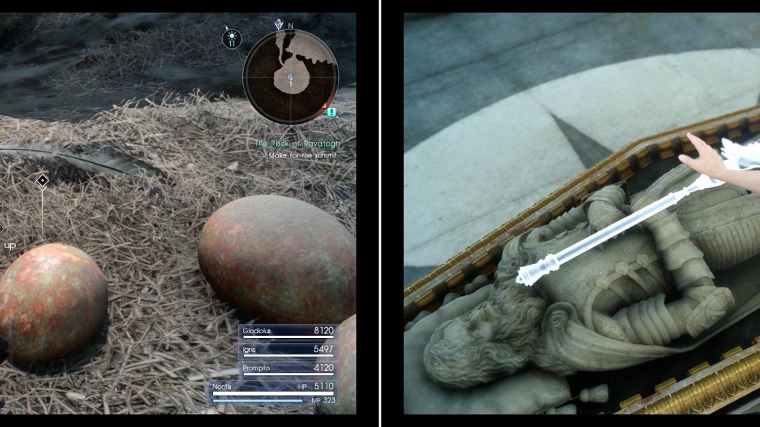 If you picked the “egg” variant of “The Perfect Cup” you’ll find a Zu Egg you can plunder (left). Beyond the Zu’s nest you’ll find the Tomb of the Fierce, where you can obtain the Mace of the Fierce (right).