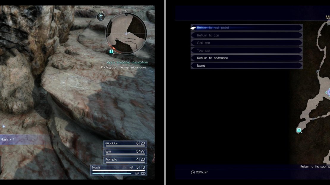 Search a loot spot for a Magic Flask (left) at the marked location on the map (right).