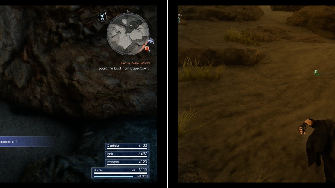 Before you enter the dungeon, search a Treasure Spot to find some Delta Daggers (right). You’ll have to expend stamina to ascend a steep incline (right).