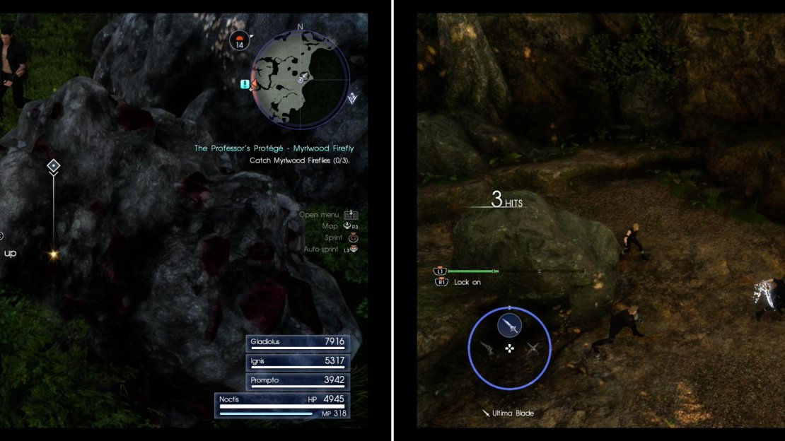 Search the Myrlwood to find a Mineral Deposit containing the Ruby Stone Dino want (left). In the furthest depths of the Myrlwood you’ll encounter a Treant (right).