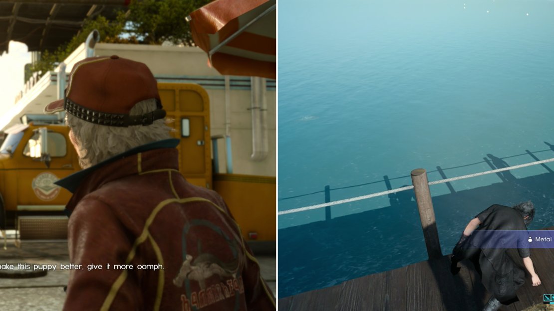 Bring the Drain Lance to Cid (left) and he’ll offer to upgrade the weapon for you if you bring him a component. Such a component - a Metal Scrap - can be found on Galdin Quay’s pier (right).
