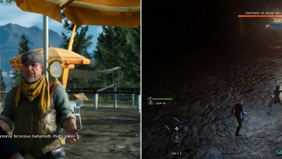 Indulge Prompto and visit the Wiz Chocobo Outpost only to learn that you can’t rent Chocobos yet (left). Defeat Deadeye - the Behemoth that’s menacing the area - and you’ll free Wiz to do business again (right).