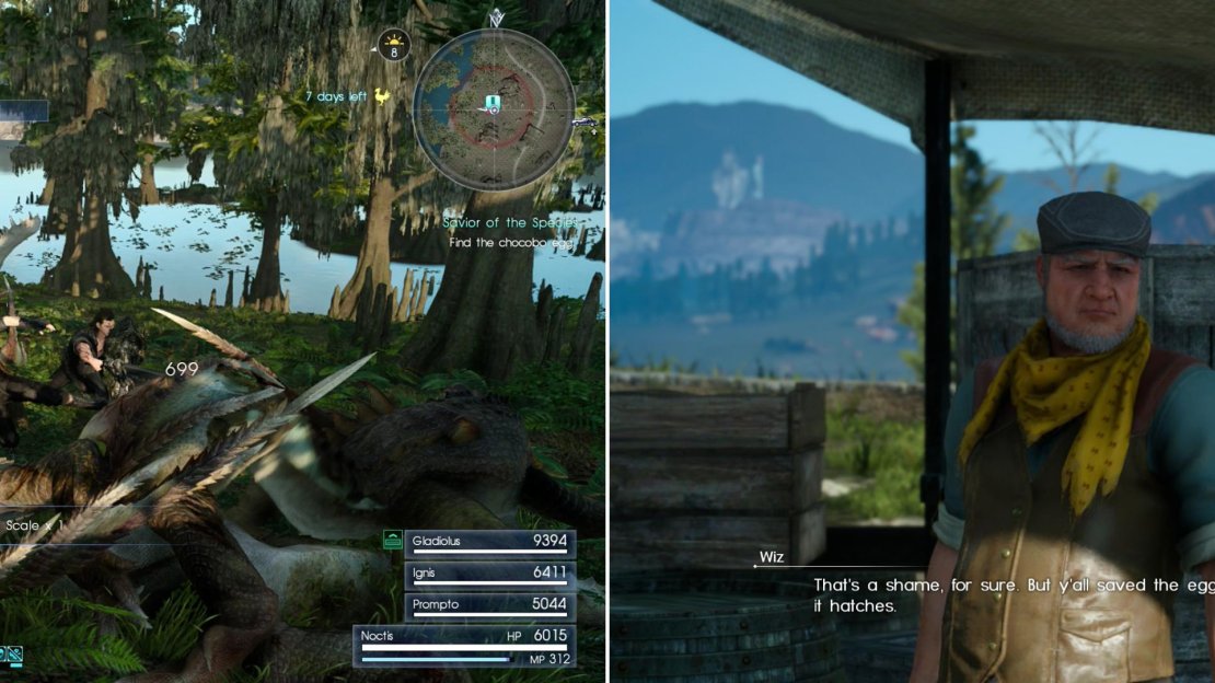 Kill the Sahagin who have a taste for Chocobo Eggs (left) then deliver the rescued egg to Wiz (right).