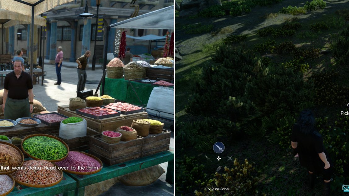 The proprietor of Furloch Farms will send you on a variety of missions with the goal of bringing in the harvest (left), sometimes leaving you to do the actual harvesting bit (right).