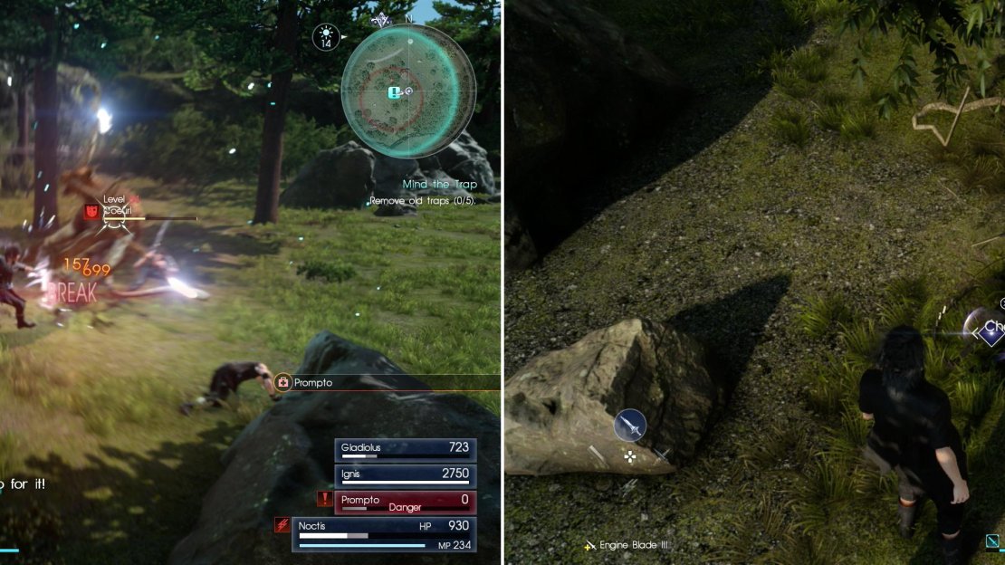 Coeurls are far more dangerous than the recommended level of this quest (left), but if you can defeat them, you can disarm the traps nearby (right).