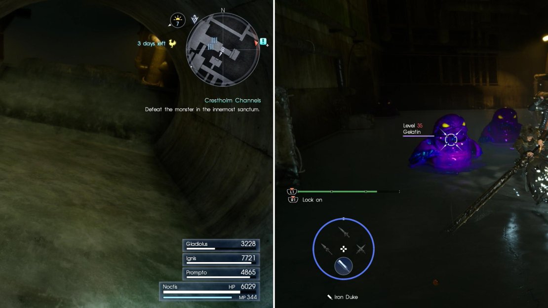 Slide down a slope near the beginning of the dungeon (left) and you’ll find yourself in a fight (right). Daemons punish carelessness and expediency.