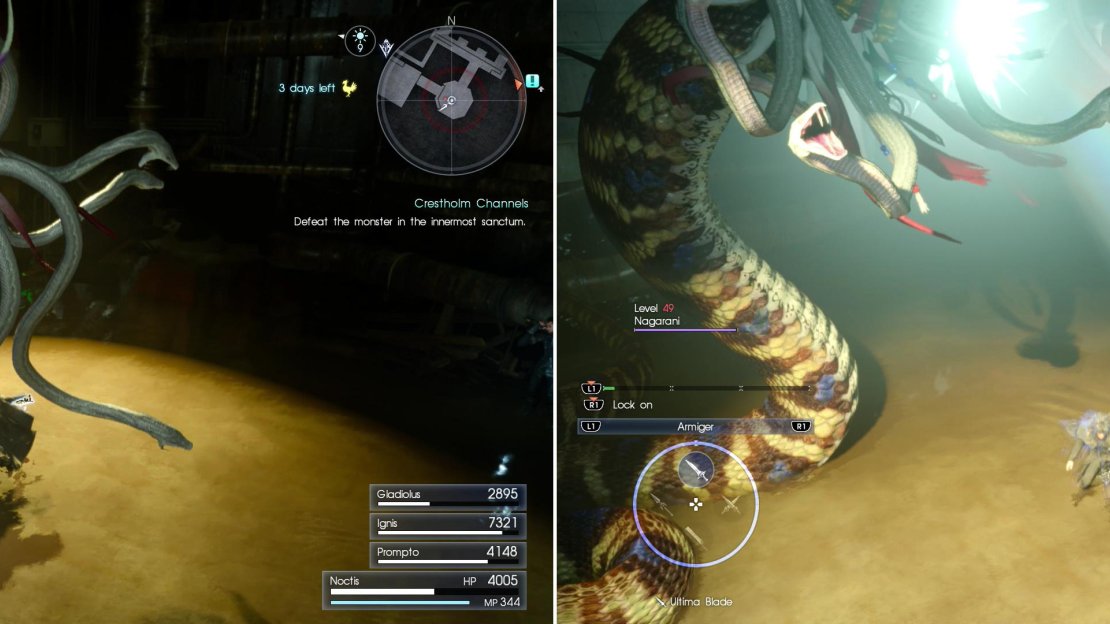 The Nagarani’s lair doesn’t provide an ideal battleground, but you’ll need to exterminate it if you want to continue on (left), in addition to its melee attacks, be wary of its ability to turn characters into frogs (right).