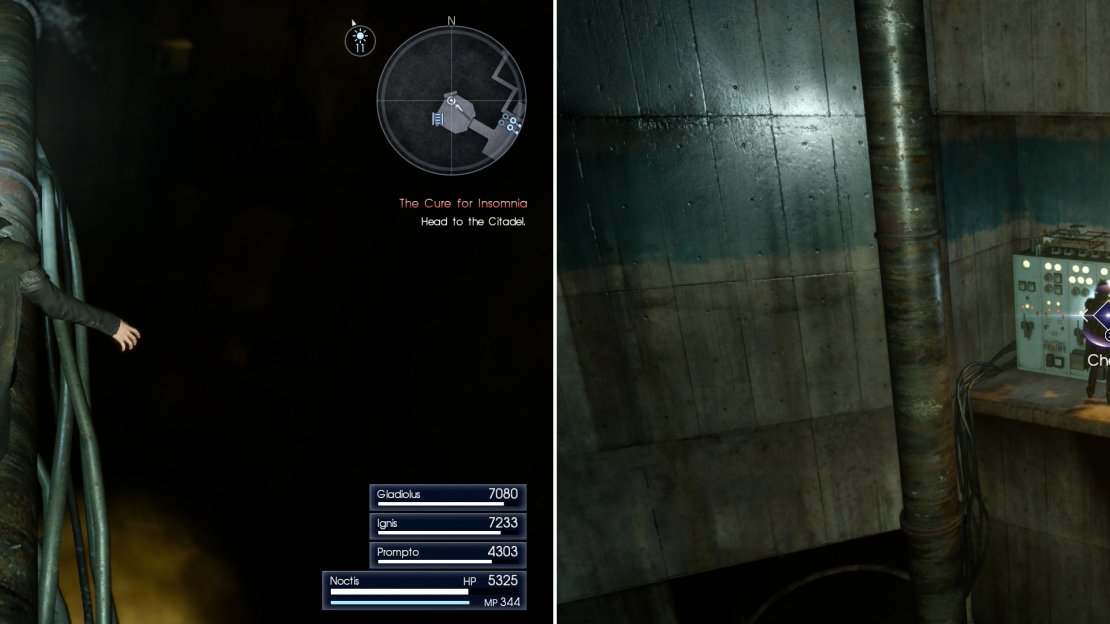 Climb ladder, sidle across ledges and balance across pipes (left) to reach the third console above where you fought the Nagarani (right).