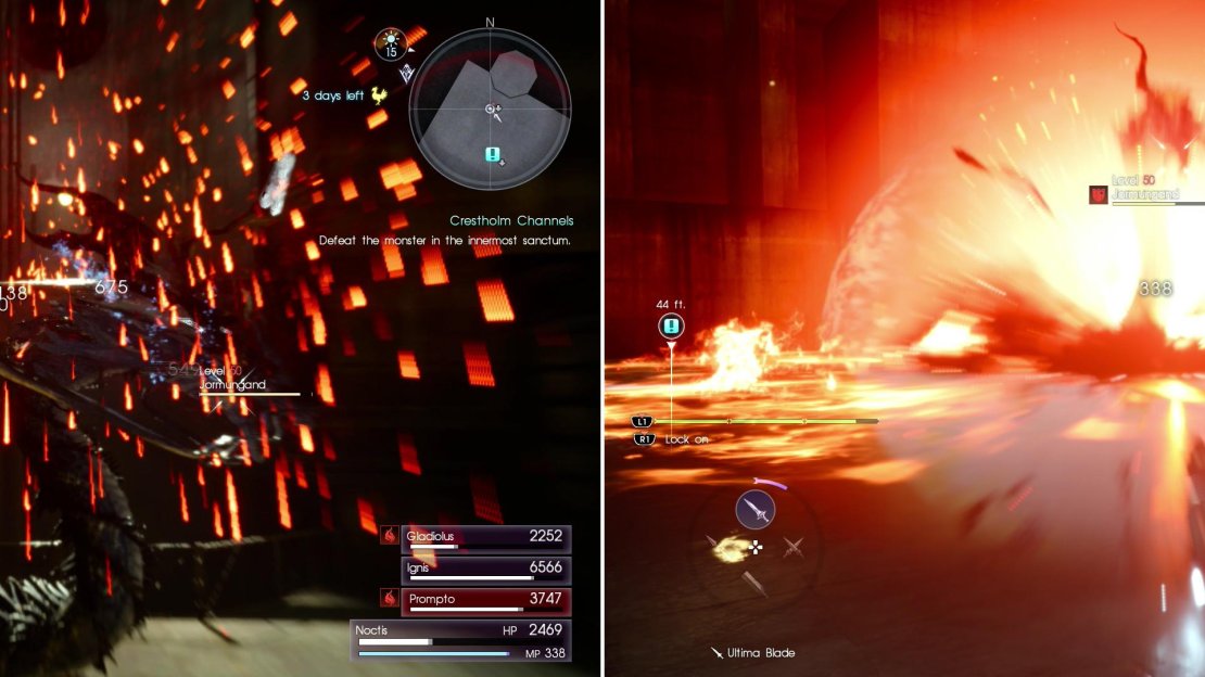 Jormungand likes using fire, including attacks like spitting fire into the air to have it rain down upon you (left), it can also create a blast of fiery energy centered on itself (right).