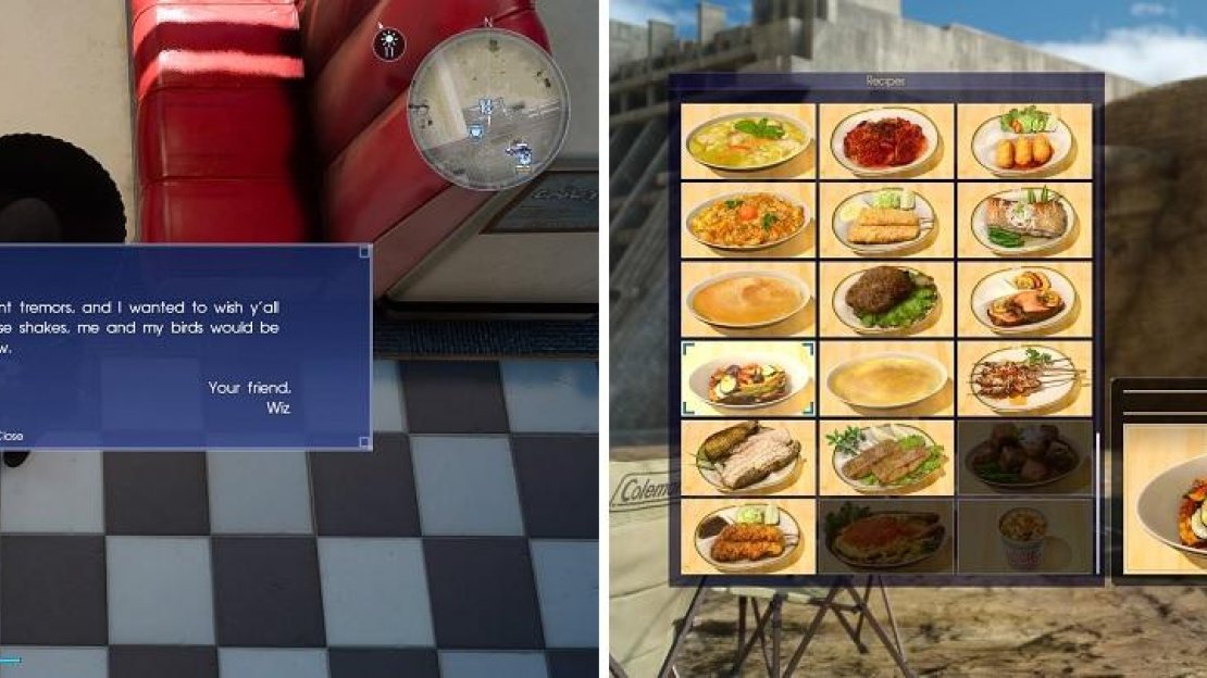 Don’t forget to check the table for Wiz’s words (left). The correct food can make the battle go faster (right).