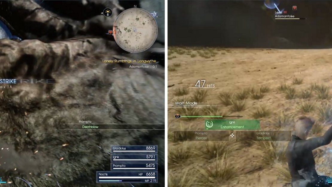 The eye area is one weak spot on the Adamantoise (left). Ignis’ Enhancement will help in whittling down its massive health (right).