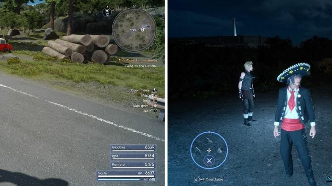 The majority of the cars are found alongside the road (left). At night, you can see the headlights of the vehicle in need of repair (right).