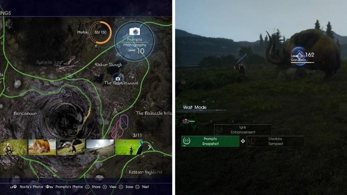 You can look through the photos taken after resting (left). Snapshot is a technique that Prompto can use in battle to take more pictures (right).