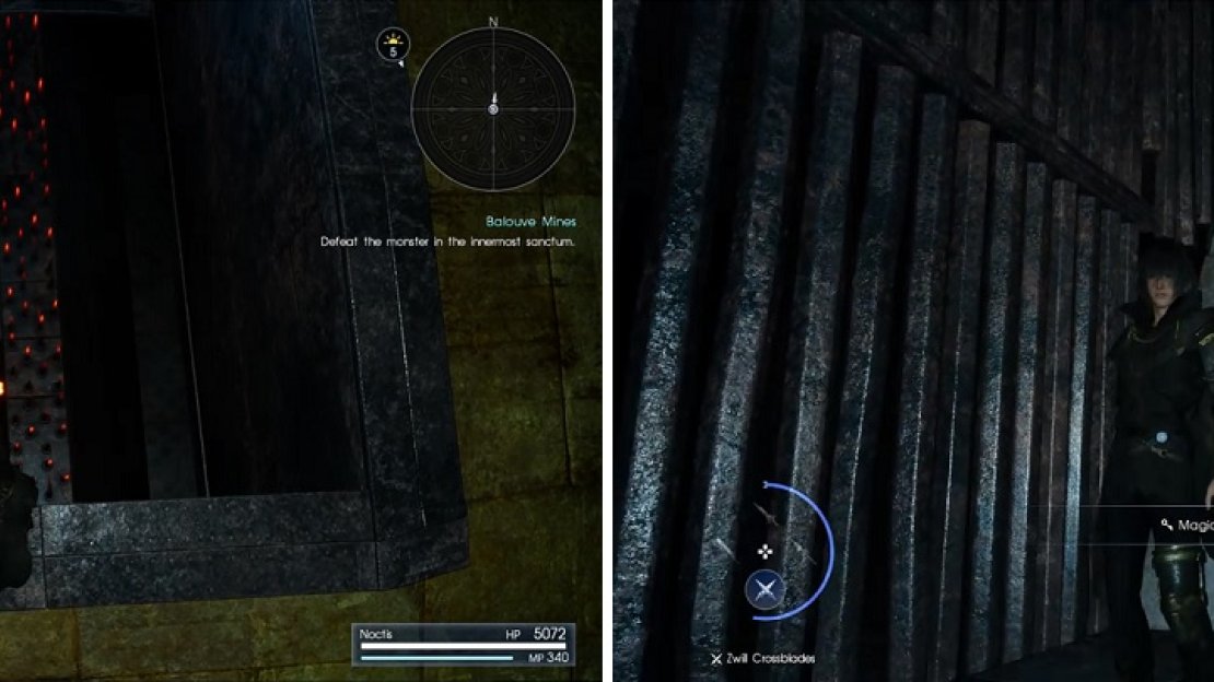 Wait until the spinning wheel thing stops before jumping down between the spikes (left). After the iron ball moves, you can pick up another Magic Flask (right).