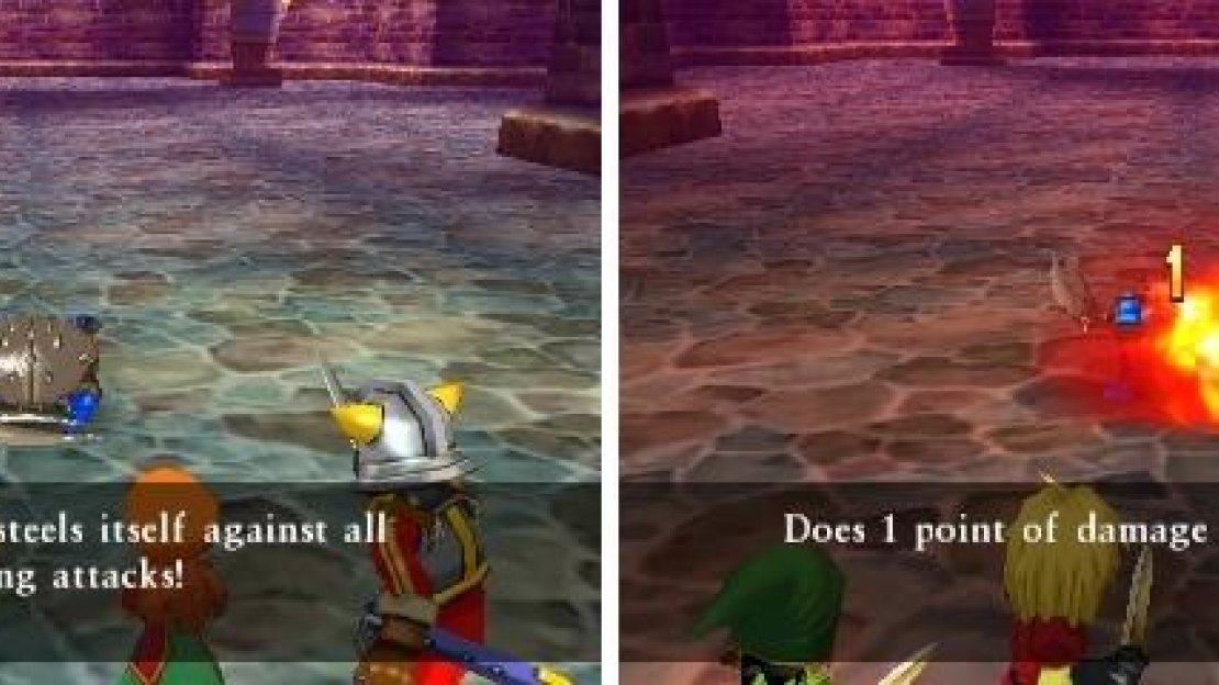When Crabble-rouser steels itself (left), all of your attacks will deal very low damage (right).
