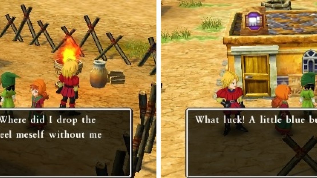Talk to the boy in the NE corner to start a sidequest (left). You can find his blue button on the sign in front of the inn (right).