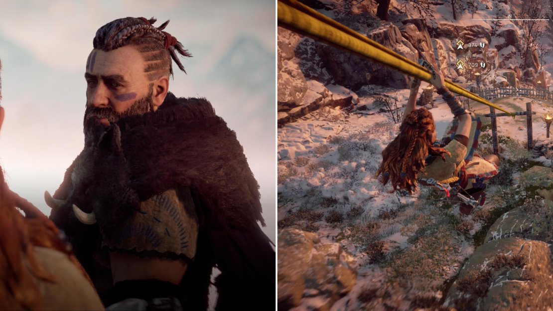 Talk to Rost, who will tell you about a mysterious hunt you need to prepare for (left). Once Aloy and Rost have set up some objectives, use the nearby zipline to reach the valley (right).
