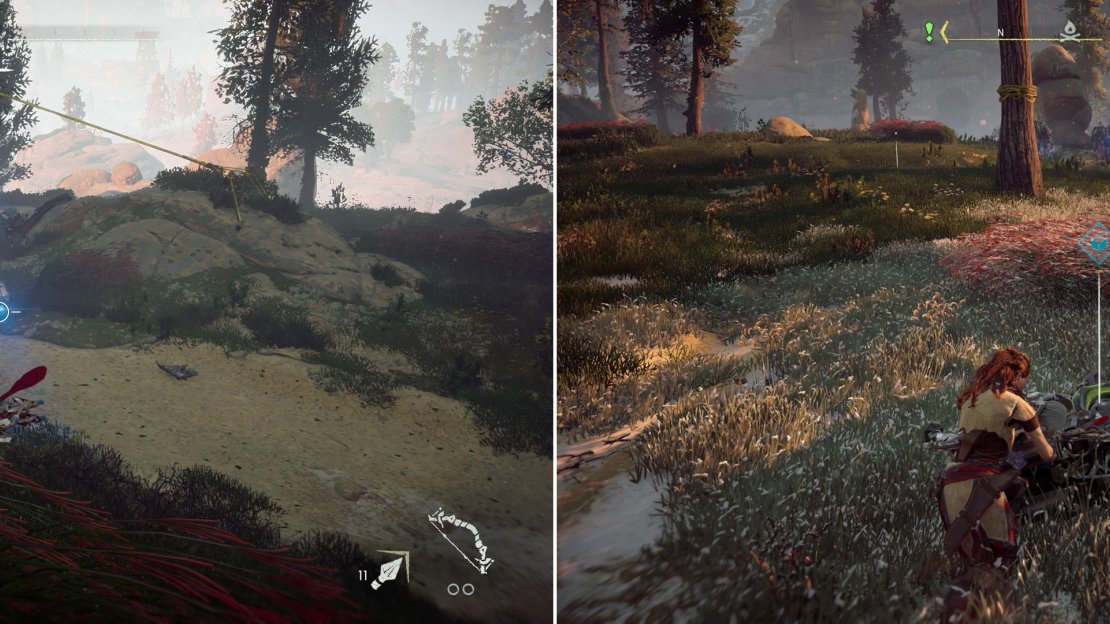 Aim for a Watcher’s eye to disable it in one shot (left). Loot fallen machines to acquire the resources you need to craft Fire Arrows (right).