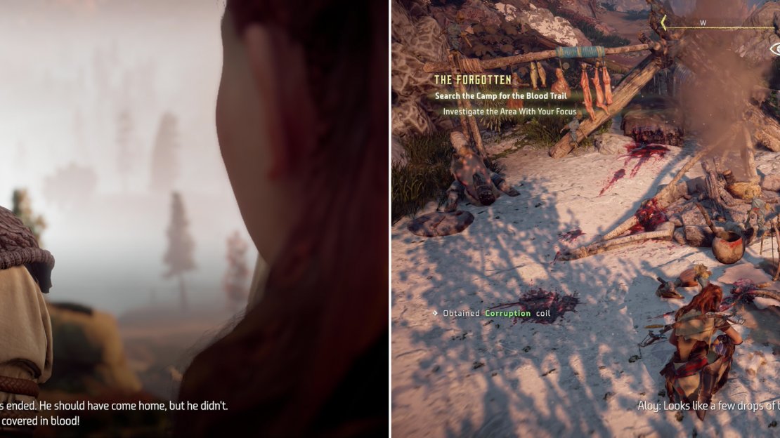 Climb some rocks to find Olara, who is concerned for her missing brother (left). Investigate the blood at his campsite to pick up a trail (right).
