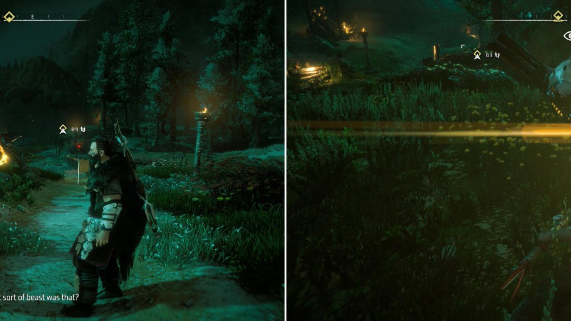 Leave the safety of the Embrace to encounter the remains of a new machin (left). Follow the trail and dispatch a Watcher enroute to the real challenge (right).