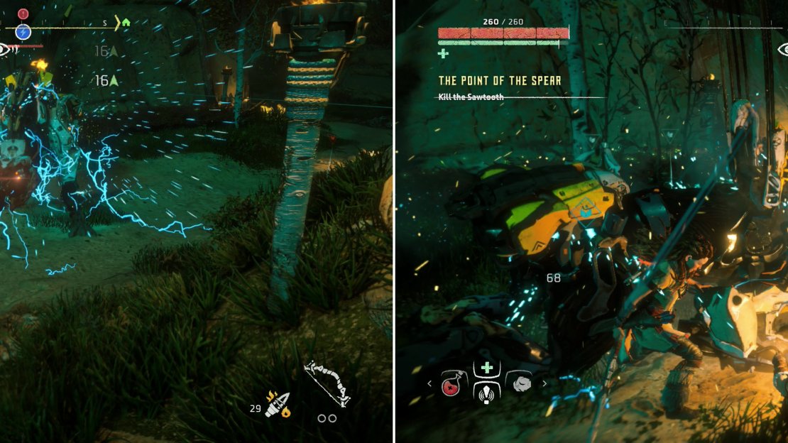 Lure the Sawtooth into one of the Shock Wires you planted (left) then take advantage of the stunned machine by punishing it with your spear (right).