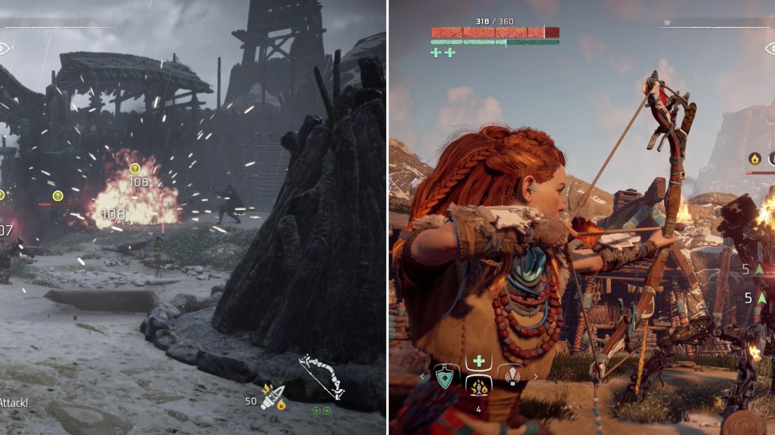 Setting up traps near the gates can help thin the herd (left). Pelt the Corruptor with Fire Arrows until it overheats and exposes its vulnerable Heat Core (right).