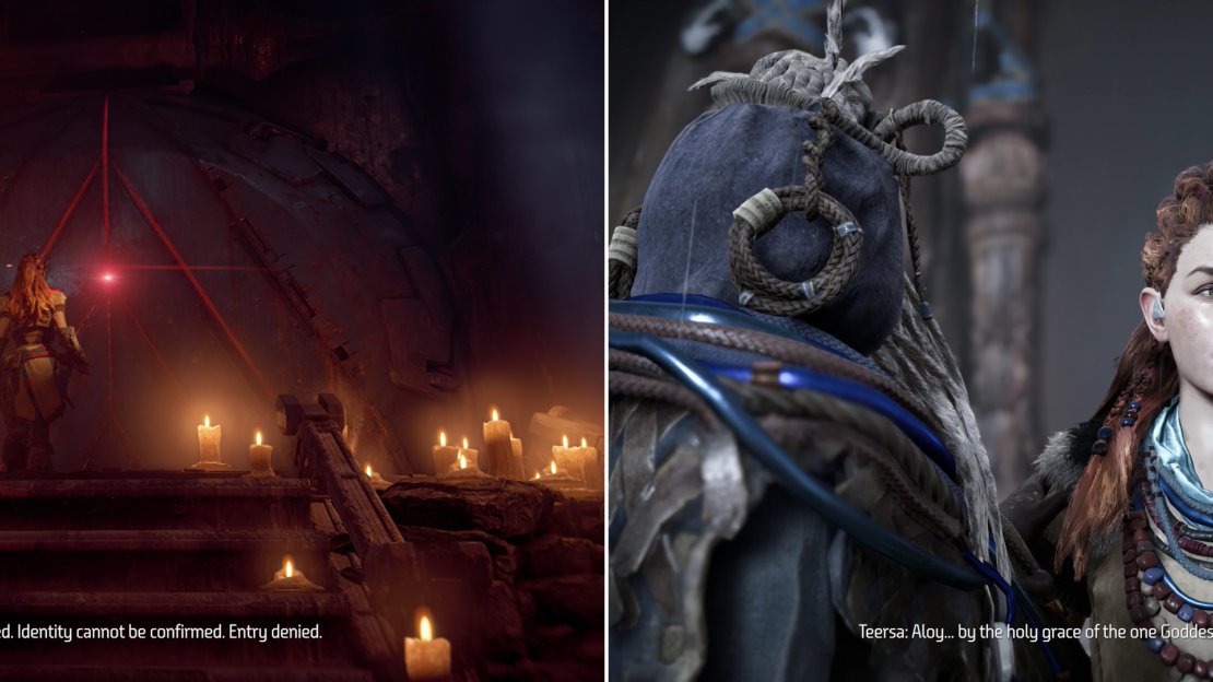 When some “corruption” leads to All-Mother reject Aloy, Teersa will use her religion to interpret the event (left), ultimately culminating with Aloy being granted the title of Seeker (right).