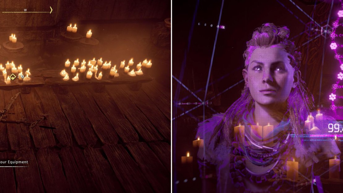 Recover your equipment (left) after which Aloy discovers some startling information on a captured cultist Focus (right).