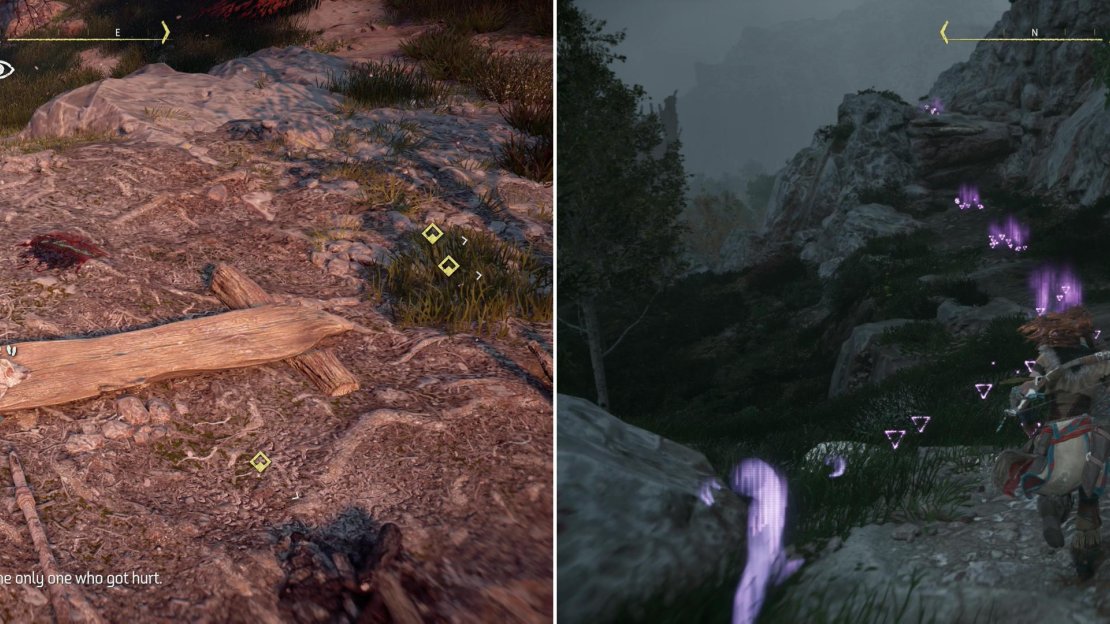 Investigate the War-Chief’s camp (left) then use your Focus to track the missing Braves (right).