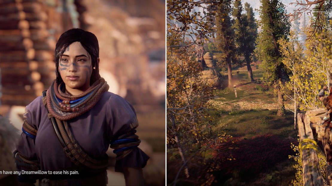 Talk to Fia to learn that she’s short a critical herb, and that wounded braves are suffering because of it (left). Search two Supply Caches in the wilderness to find that stockpiles of the herb are surprisingly missing (right).