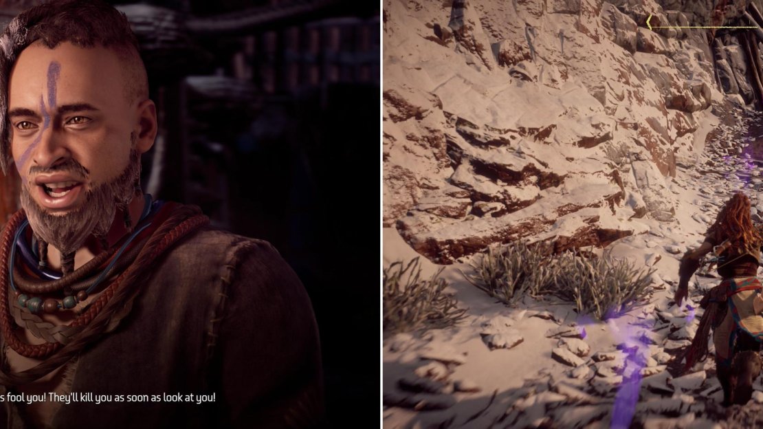 Jun will point the finger at some outcasts, and urge you prosecute them violently (left). Track the outcasts through the mountains (right) to find them beset by machines.
